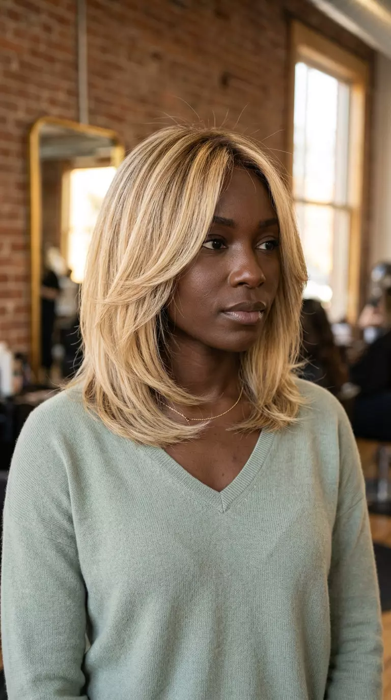 collarbone-length layered lob haircut in buttercream blonde with honey babylights and curtain bangs for playful look