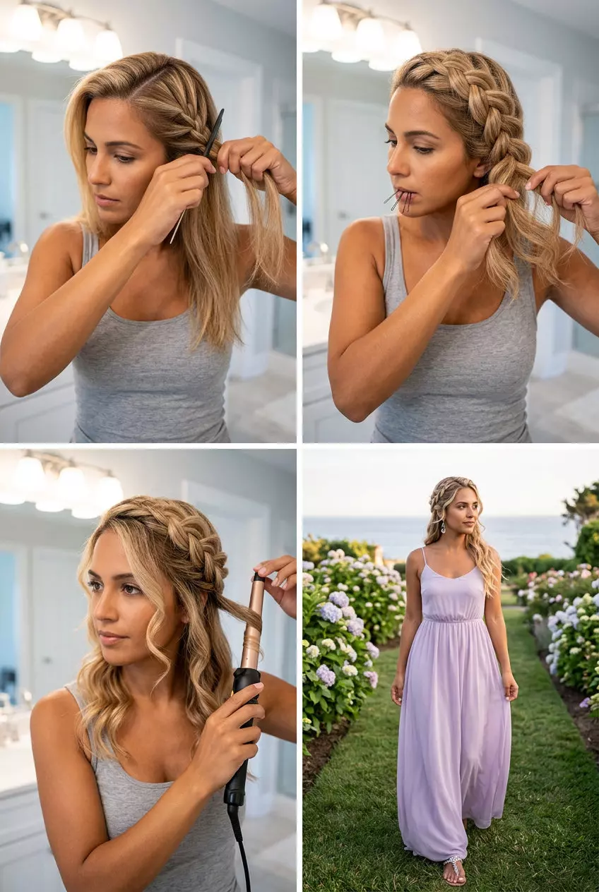 Braided Crown with Loose Ends - Long Hair 2026 long braided crown with loose ends, warm buttercream blonde, french braid, no fringe — romantic feminine