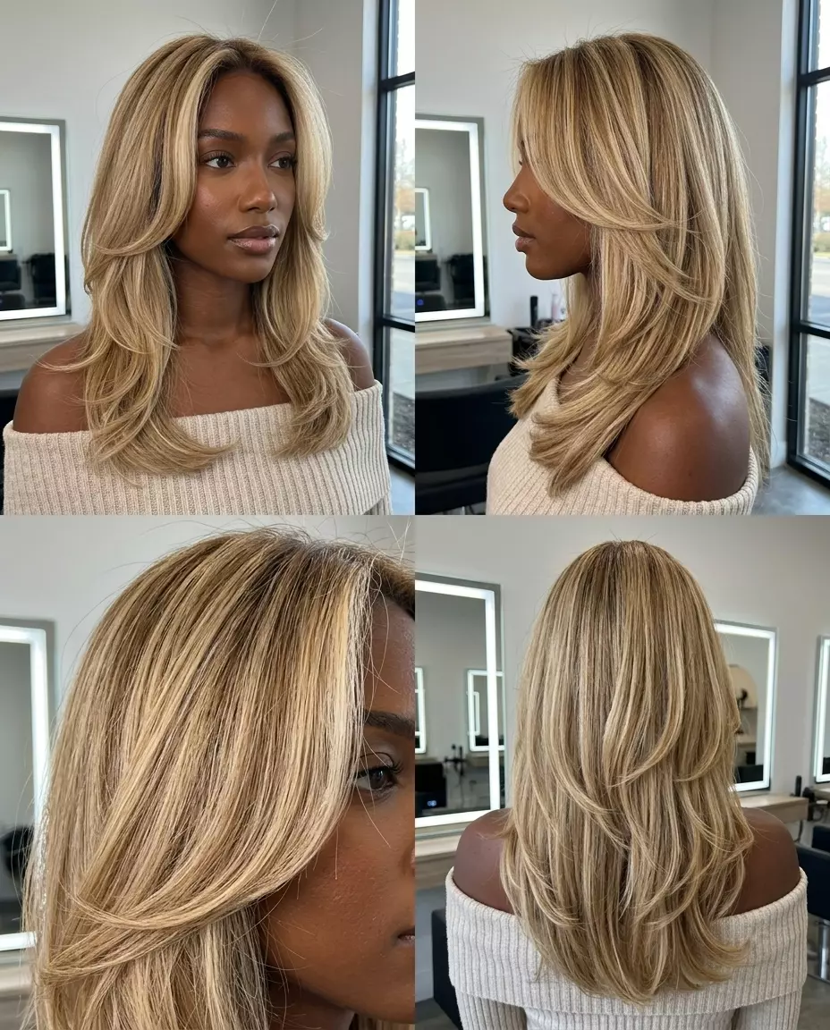 long butterfly haircut in buttercream blonde with curtain bangs and face-framing highlights for a wedding guest