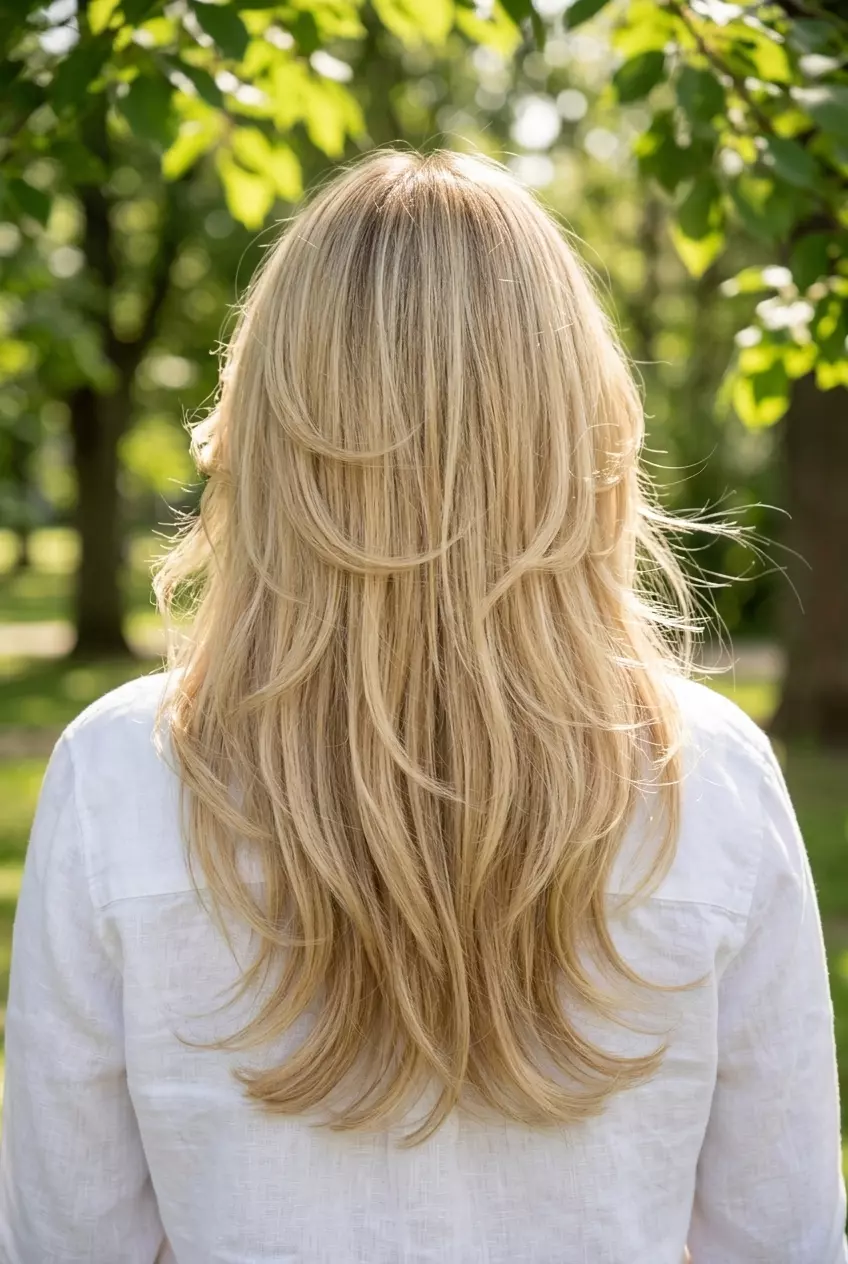 long buttercream blonde butterfly cut with golden babylights and face-framing layers for romance