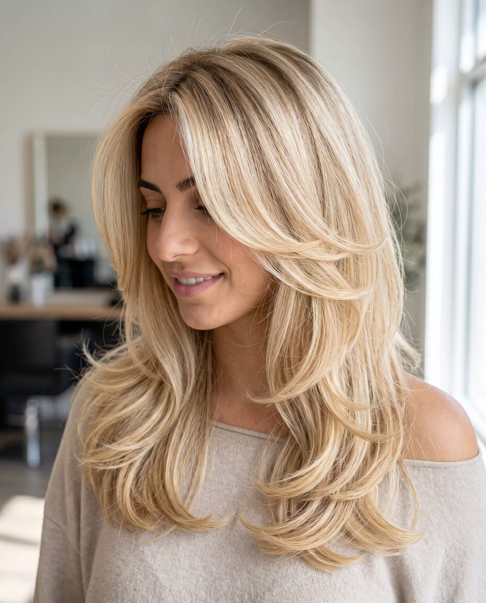 Buttercream Blonde Butterfly Layers 2026 long butterfly layers haircut with buttercream blonde color, face-framing pieces, no bangs — glamorous