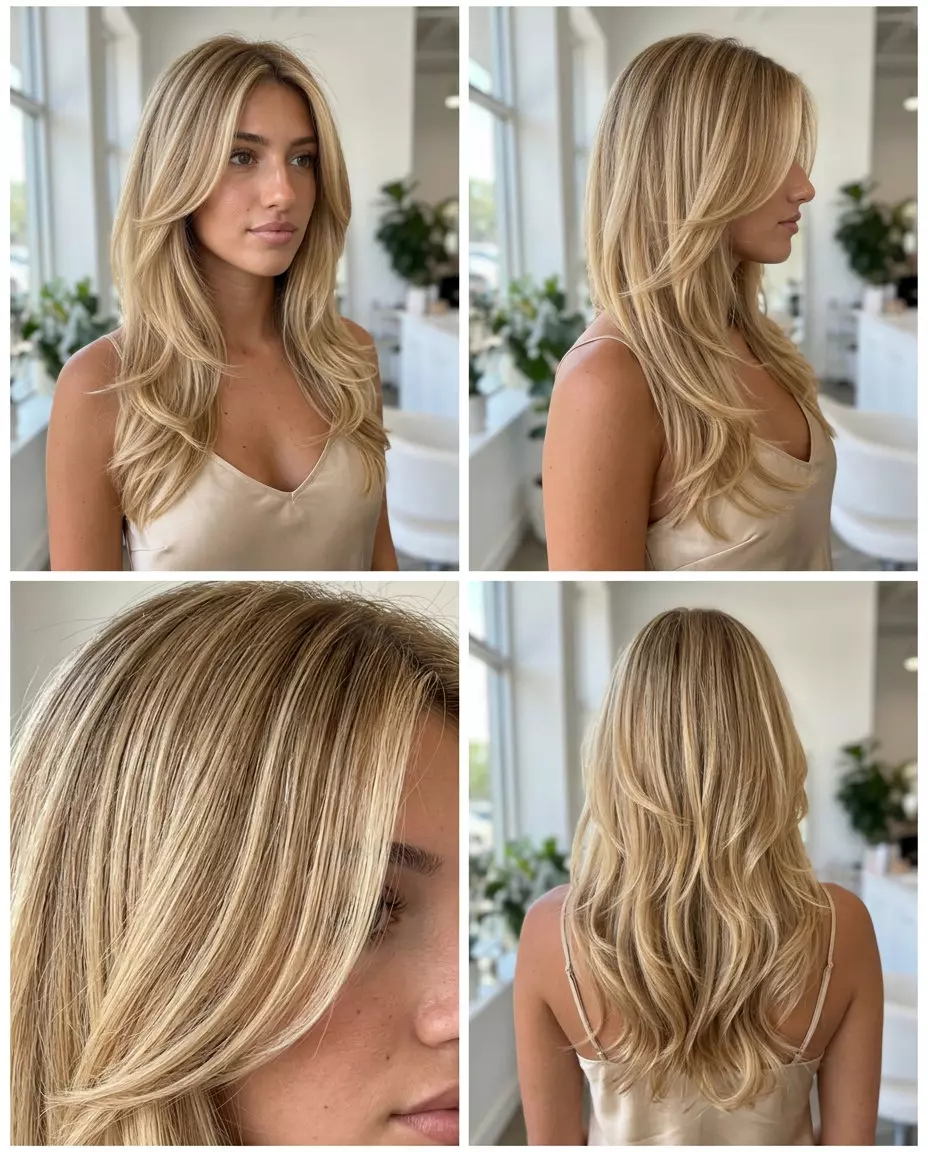 Romantic Buttercream Cascade 2026 long cascading buttercream blonde haircut with face-framing layers and golden root shadow