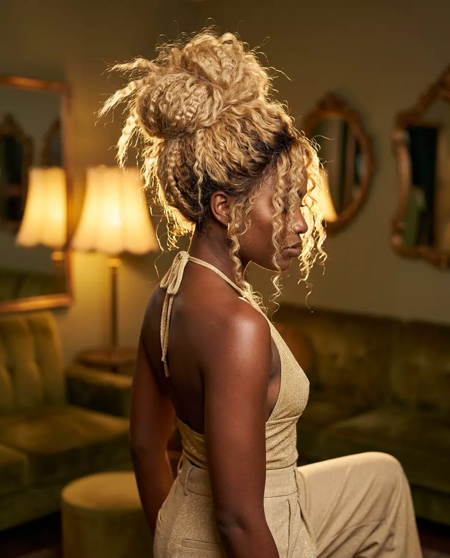 long curly buttercream blonde crimped updo with honey highlights for parties