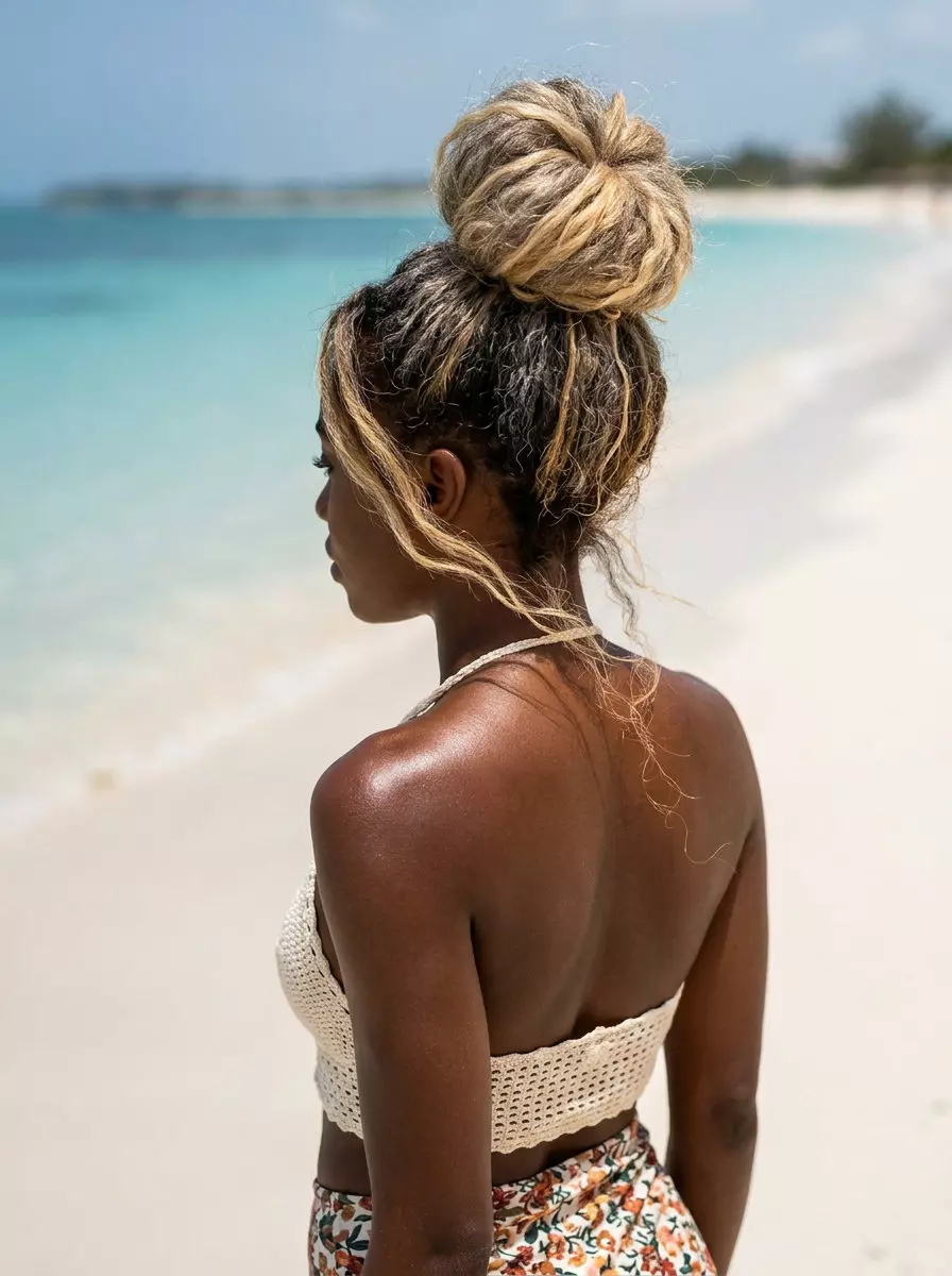 long buttercream blonde top knot with pale gold babylights, sweeping layers, no fringe &mdash; bohemian summer beach