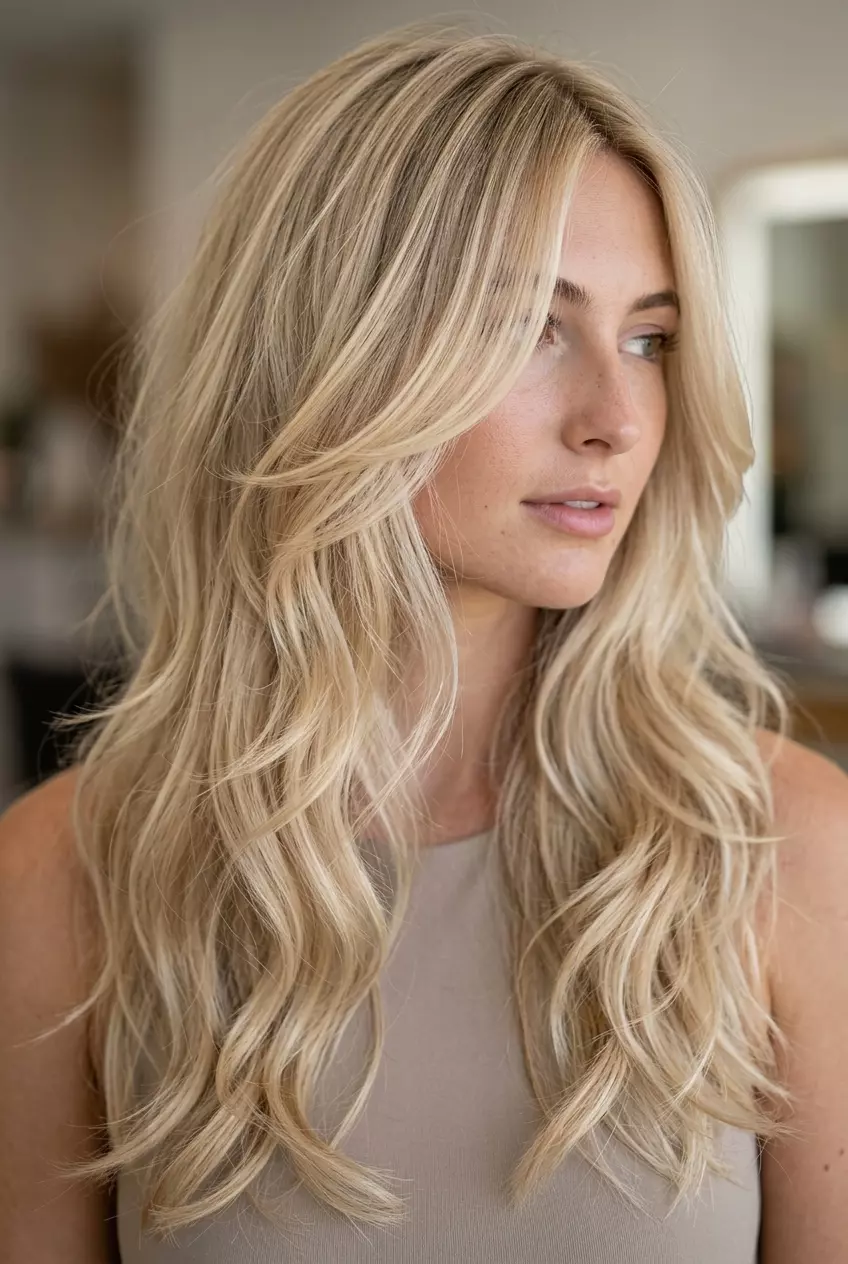 Buttercream Blonde Long Shag 2026 long shag haircut in buttercream blonde with honey lowlights, face-framing layers for beach days