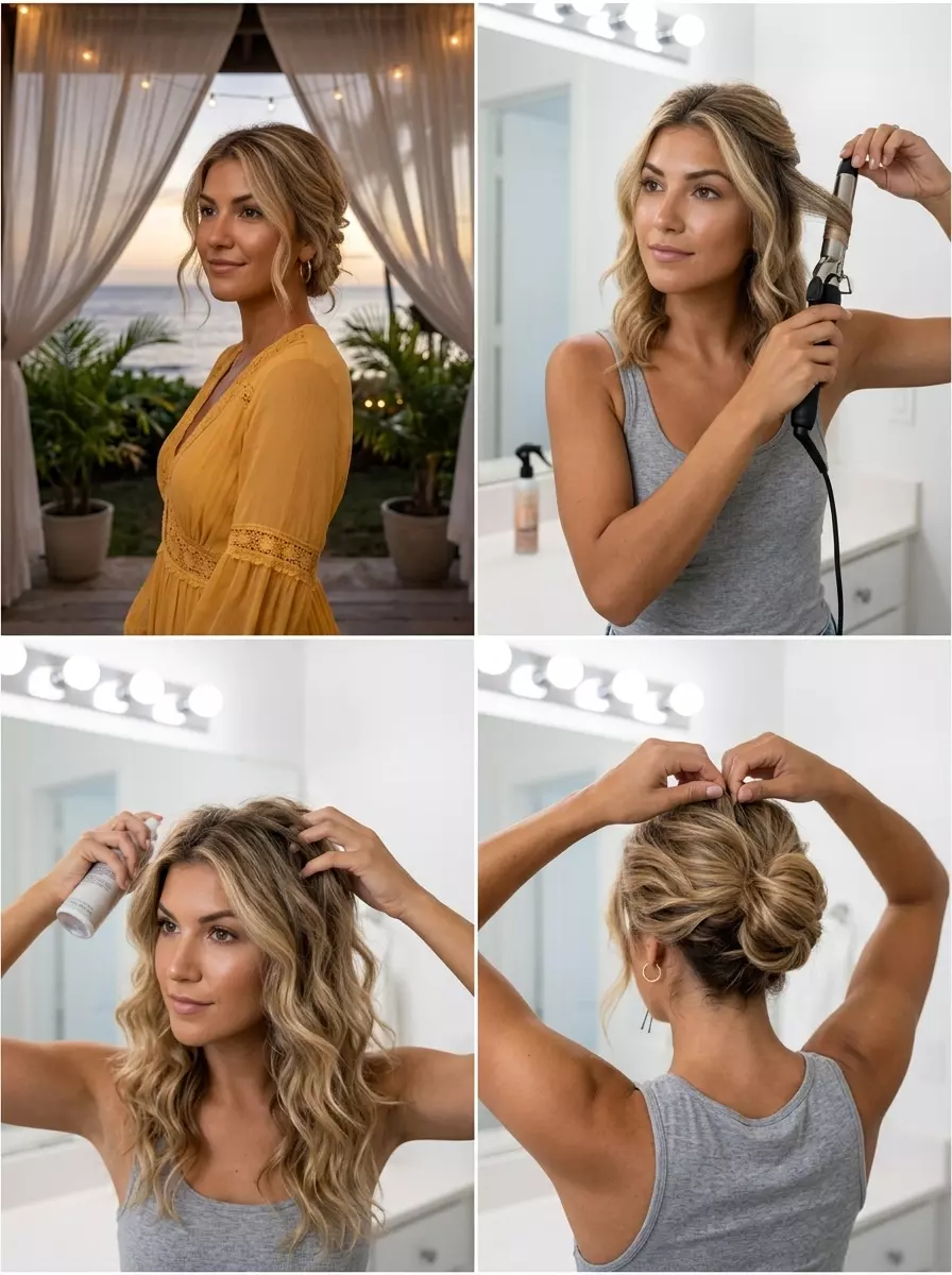 long buttercream blonde bohemian sunset updo with honey highlights for summer