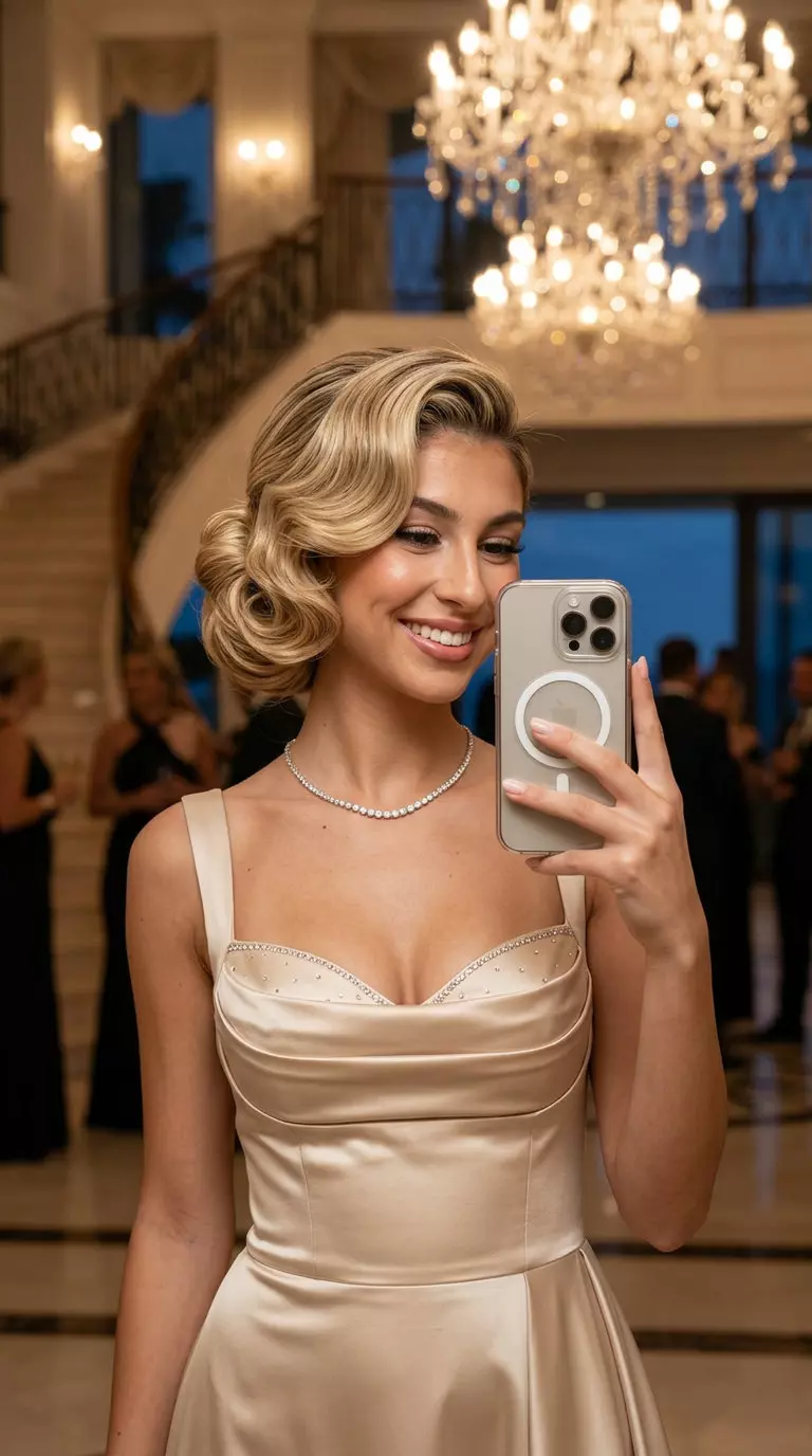 long Hollywood waves updo with buttercream blonde, sculpted S-waves and deep side part for glamour