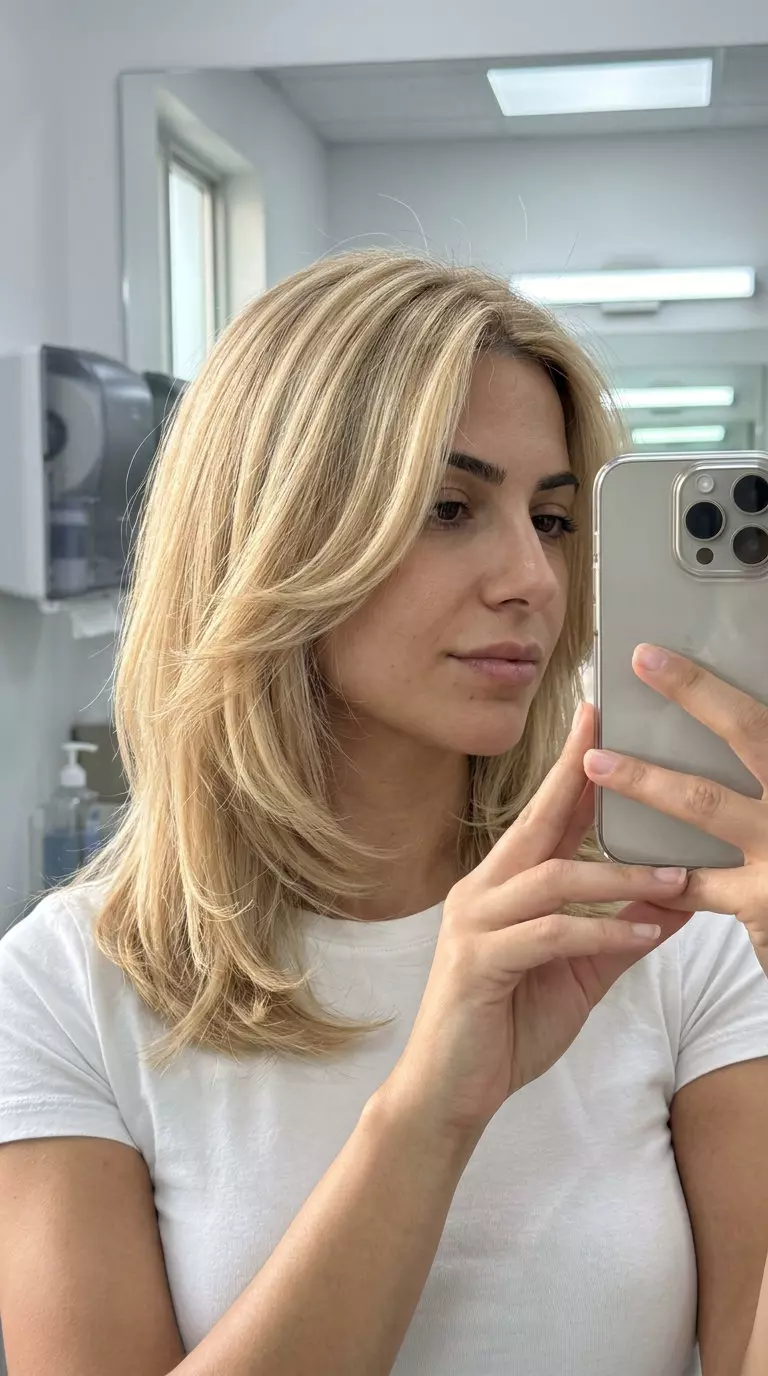 medium-length butterfly lob in buttercream blonde with pale gold highlights, soft U-shape back, sweeping face-framing for romantic etherealness