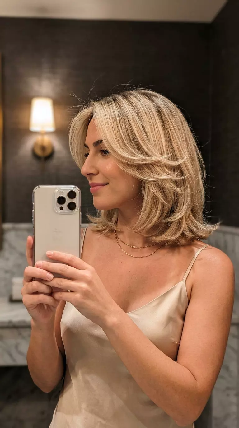 shoulder-length butterfly lob in buttercream blonde with honey lowlights, sculpted layers, soft U-shape back for professional chic