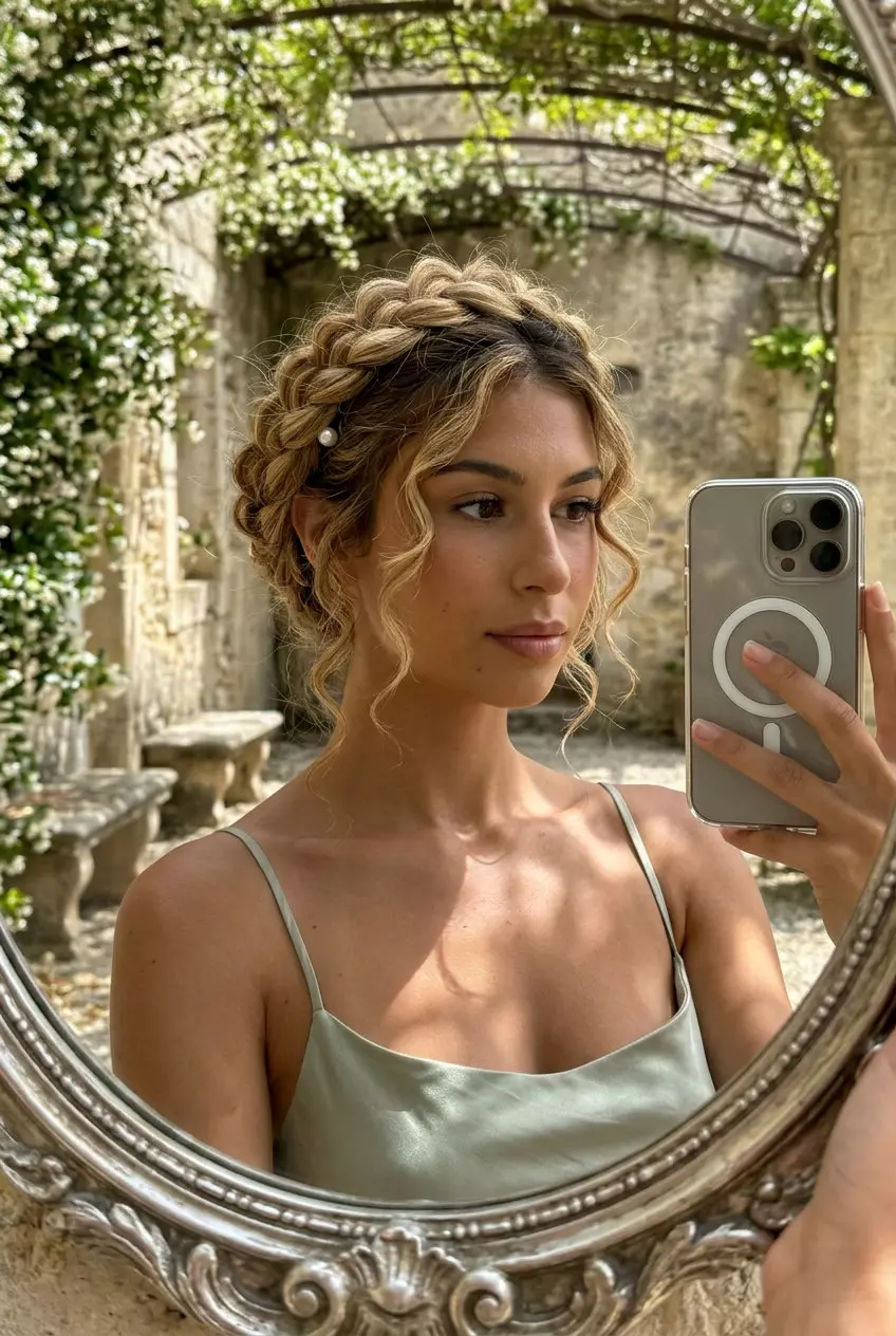 medium-long curly hair updo with buttercream blonde balayage, curlyage technique, romantic boho style