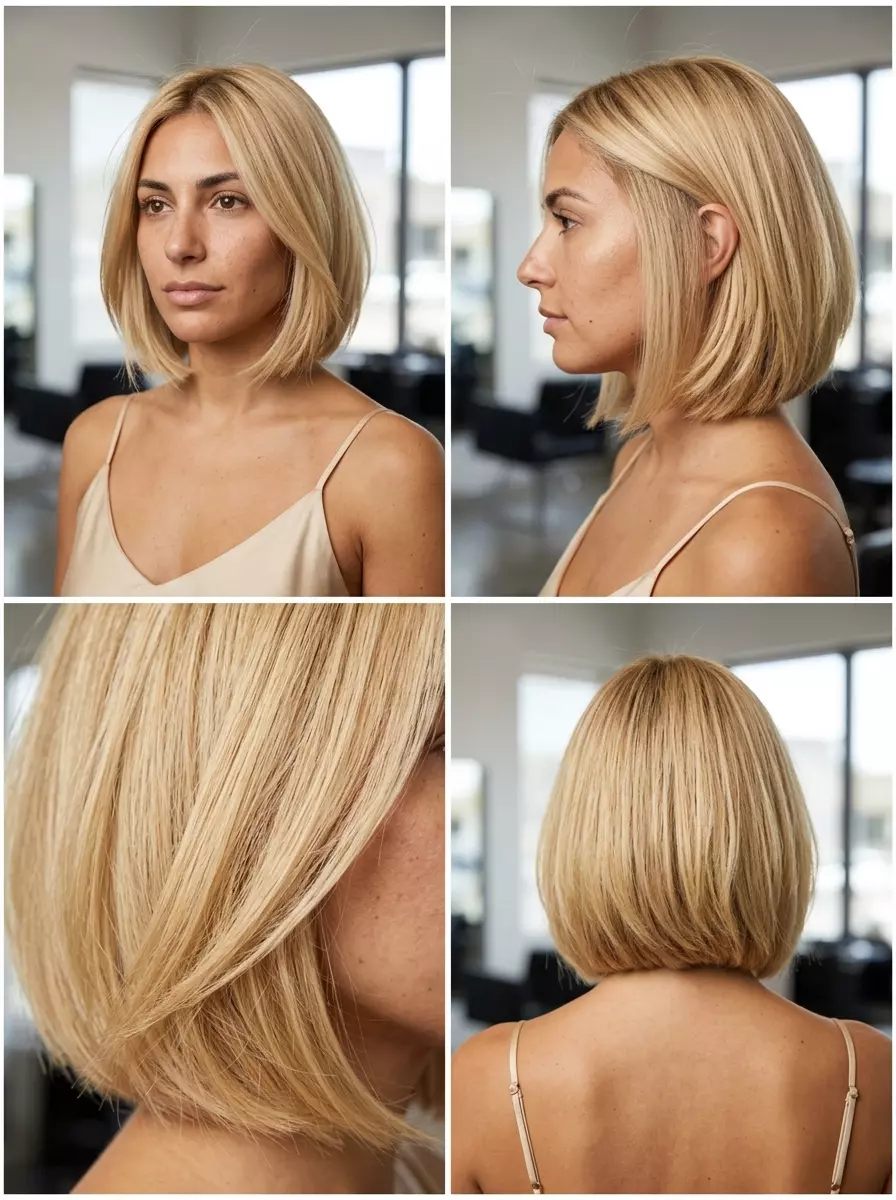 Buttercream Luxe Bob 2026 short buttercream blonde bob haircut with golden undertones, vanilla root smudge — luxurious daily wear