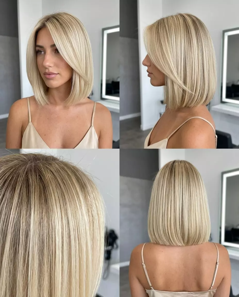 Buttercream Blonde Bob 2026 short buttercream blonde bob haircut with golden babylights, no fringe — glamorous weekend brunch