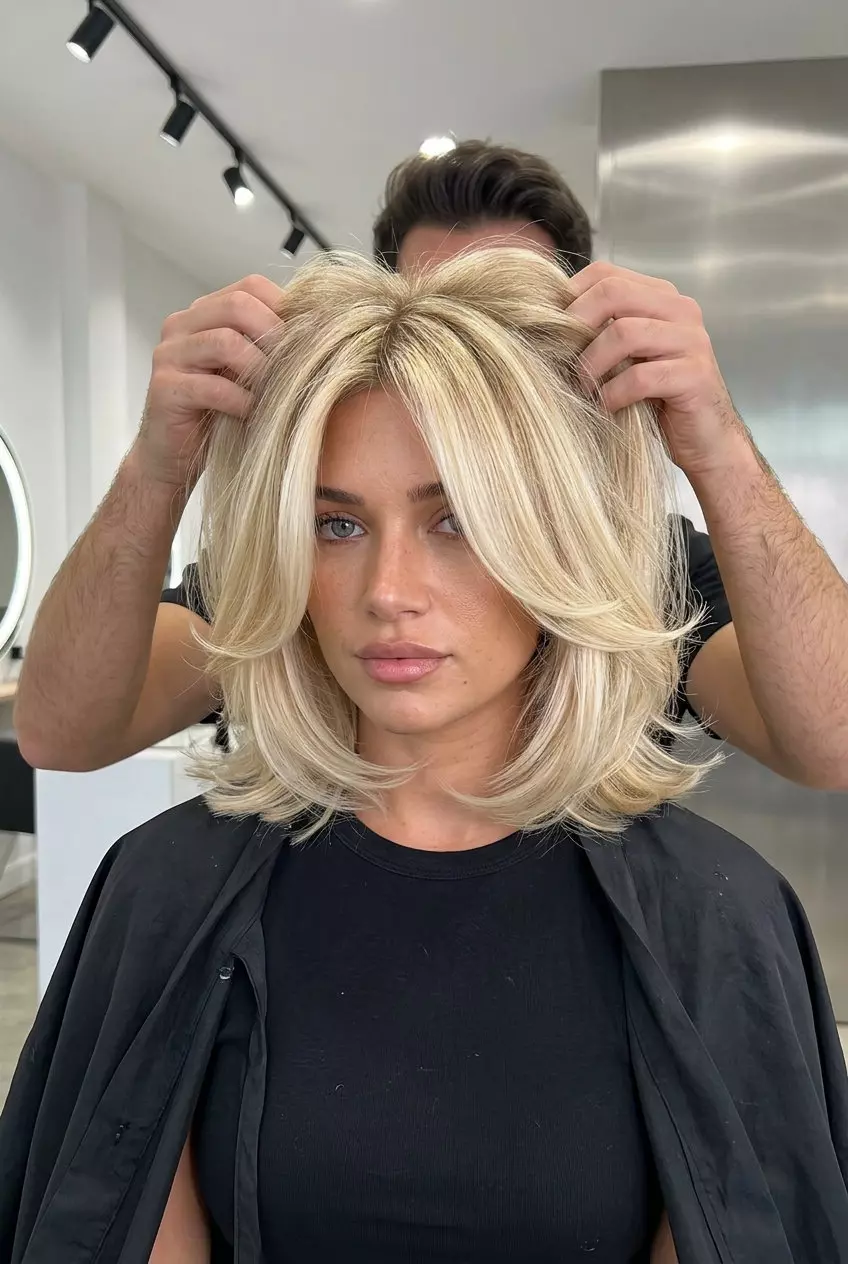 The Supermodel Flip Short Layered Bob 2026 short layered bob haircut with Buttercream Blonde color, honey babylights, deep side part — retro summer style
