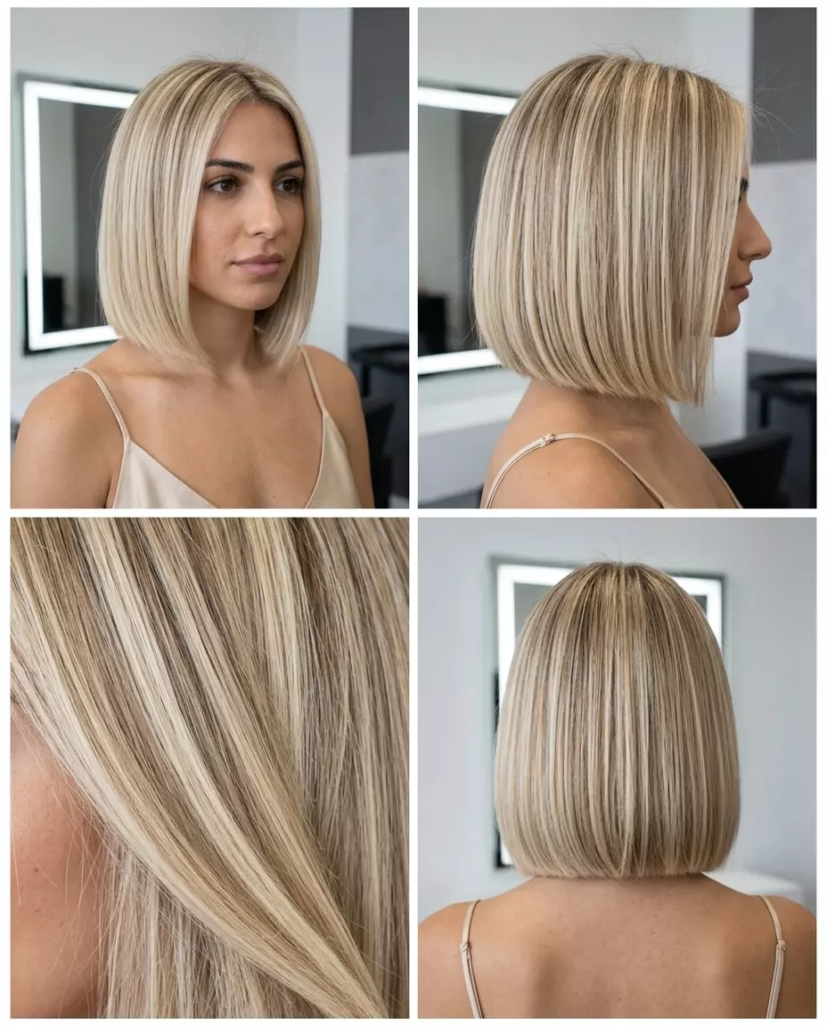 short micro bob haircut in buttercream blonde with vanilla base for playful look
