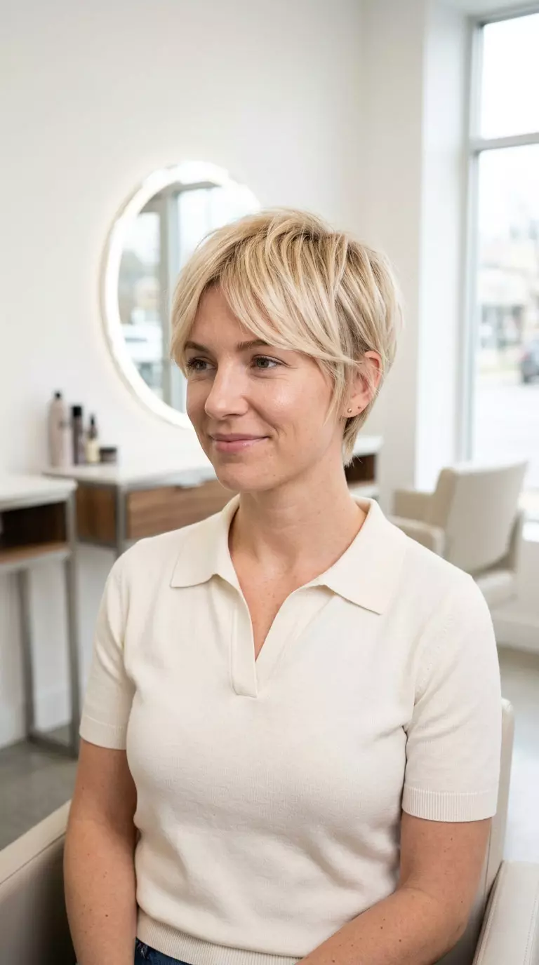 short pixie crop with buttercream blonde, vanilla micro-babylights, golden root smudge &mdash; playful modern style