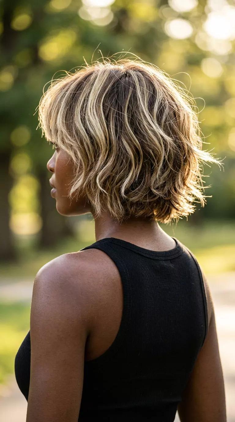 short shag haircut with creamy buttercream blonde highlights, heavy fringe &mdash; playful festival