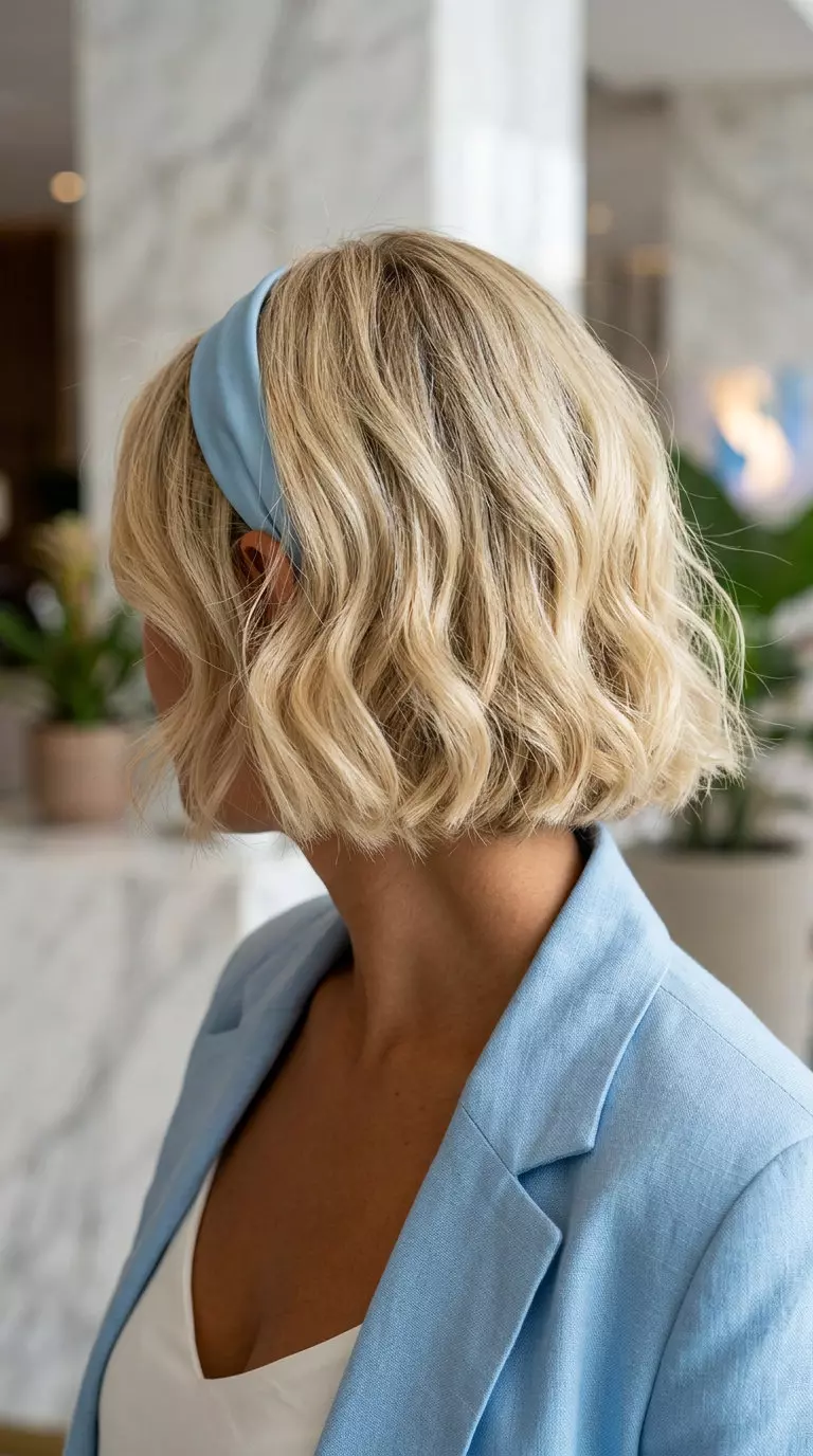 shoulder-length buttercream blonde bob with airy waves and silk headband