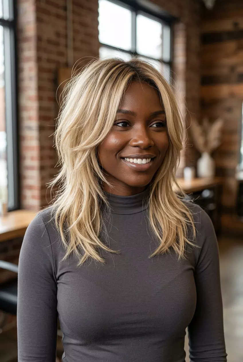 shoulder-length wolf cut in buttercream blonde with honey babylights, root shadow, blunt perimeter &mdash; effortless casual style