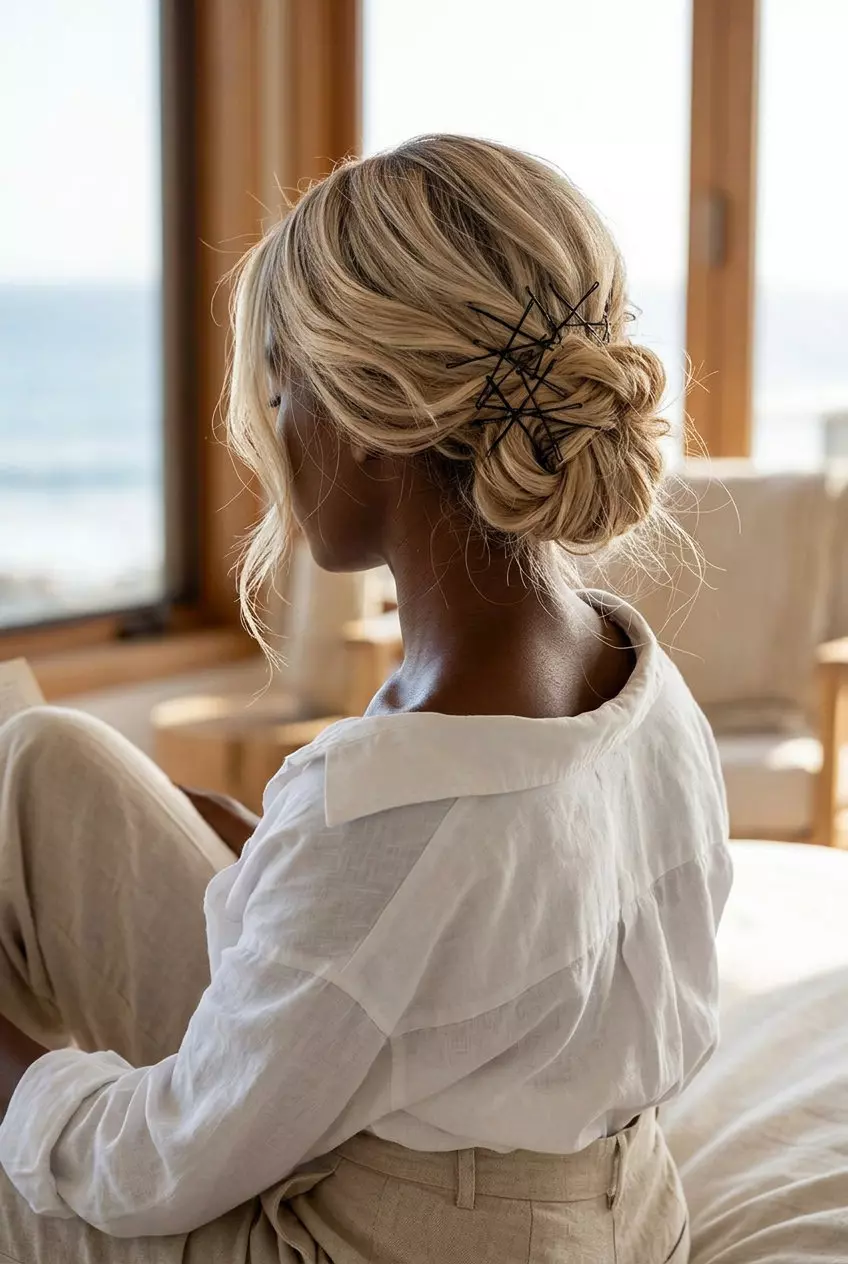 buttercream blonde deconstructed updo with visible bobby pins and face-framing curls for date night