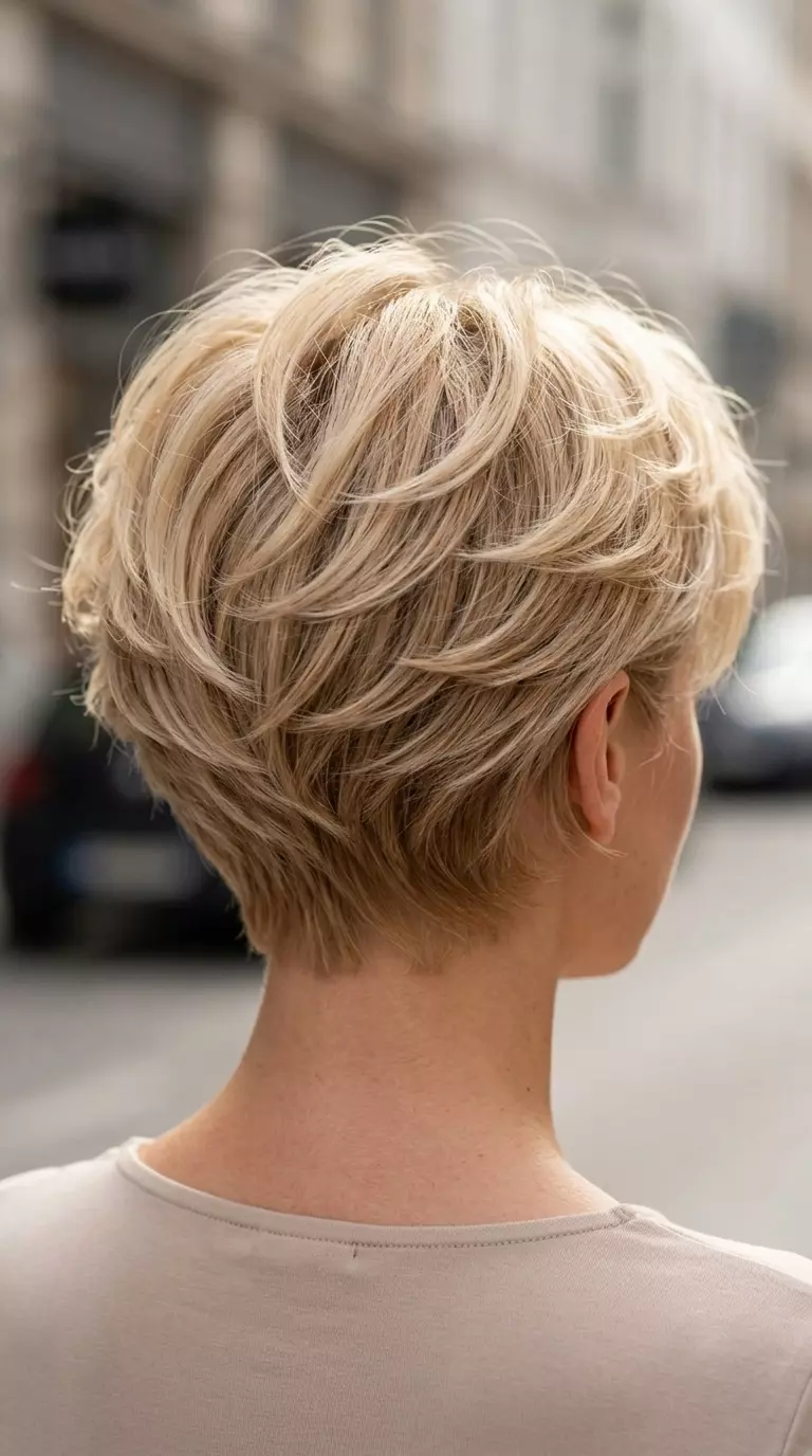 Buttercream Blonde Italian Pixie very short feathered pixie haircut in buttercream blonde with honey lowlights, face-framing layers — soft & romantic