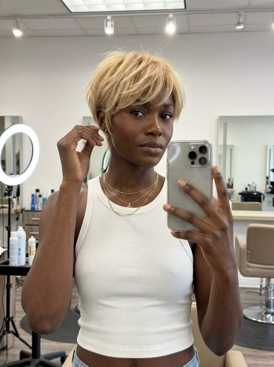 Buttercream Blonde Tousled Pixie Haircut 2026 very short pixie haircut with buttercream blonde, honey lowlights, root shadow — soft summer gathering