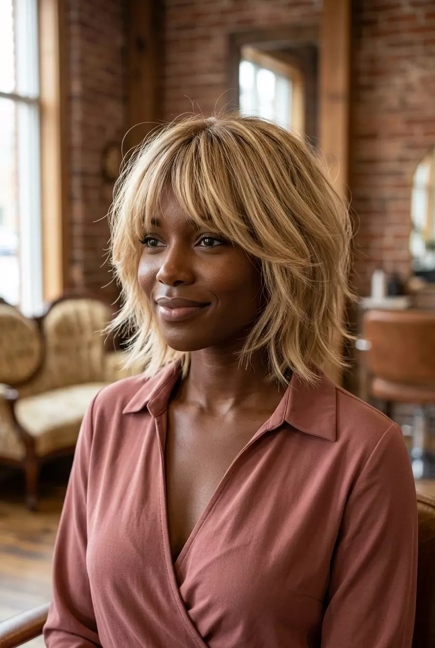 Pretty Summer Shag Bob 2026: Buttercream Blonde chin-length shag bob with warm buttercream blonde and honey babylights, slide cutting, bottleneck bangs — soft, romantic