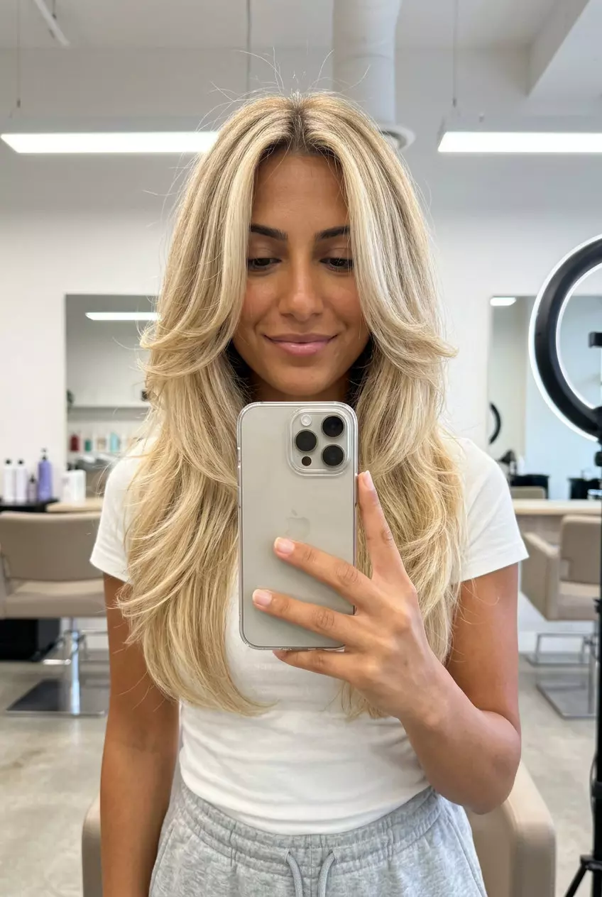 long buttercream blonde butterfly cut with face-framing layers for summer haircut 2026