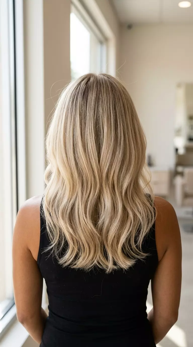 long creamy butter-cream blonde with vanilla and golden undertones, dimensional foilyage, no fringe &mdash; luxurious daily style