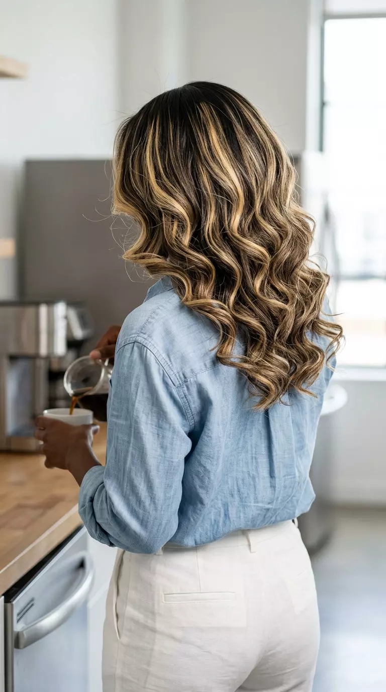 long warm blonde buttercream highlights, overnight waves, soft style for summer work