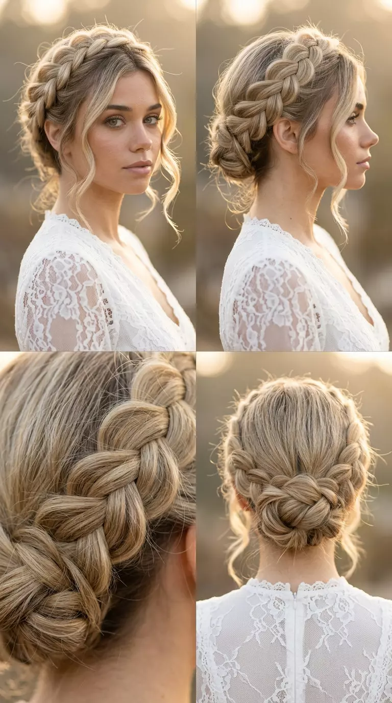 long buttercream blonde updo with golden babylights, bohemian braided crown for garden parties