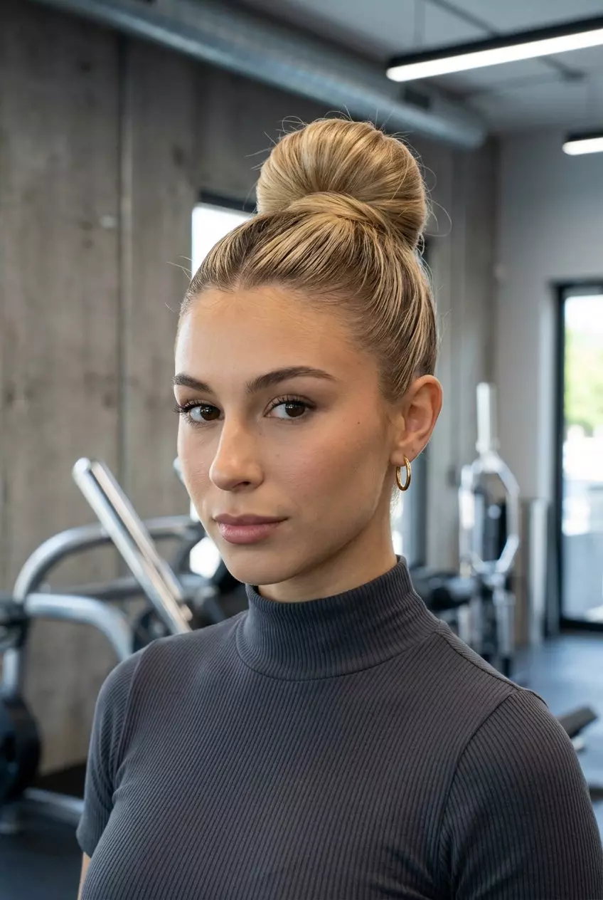 long warm buttercream blonde updo with golden babylights, sleek high bun for professional events