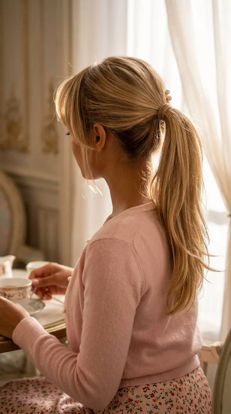 Chic Birkin Bangs Buttercream Ponytail 2026 medium-long warm buttercream blonde ponytail with sun-kissed babylights and Birkin bangs for date night