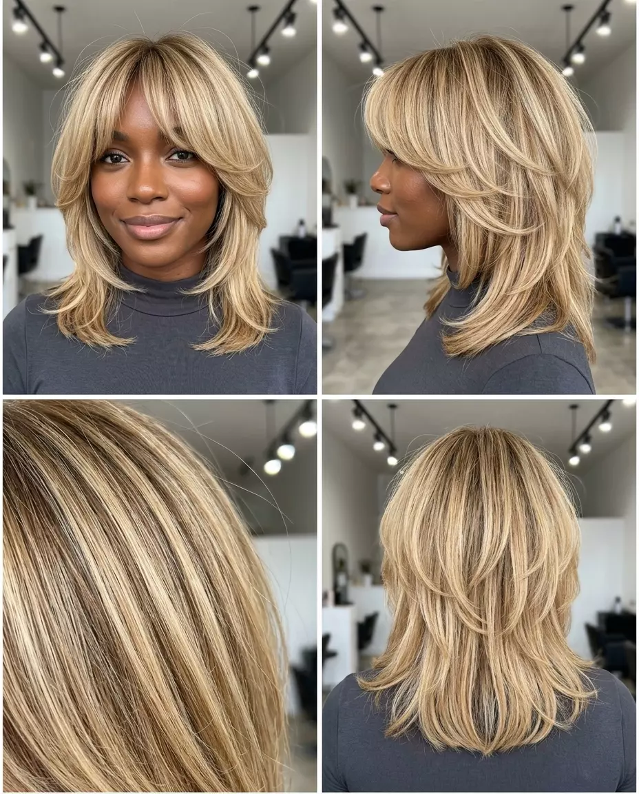 Golden Curve Shag Hairstyle 2026: Effortless Blonde medium-length shag with buttercream blonde and golden babylights, C-shaped layers, curtain bangs — playful, effortless