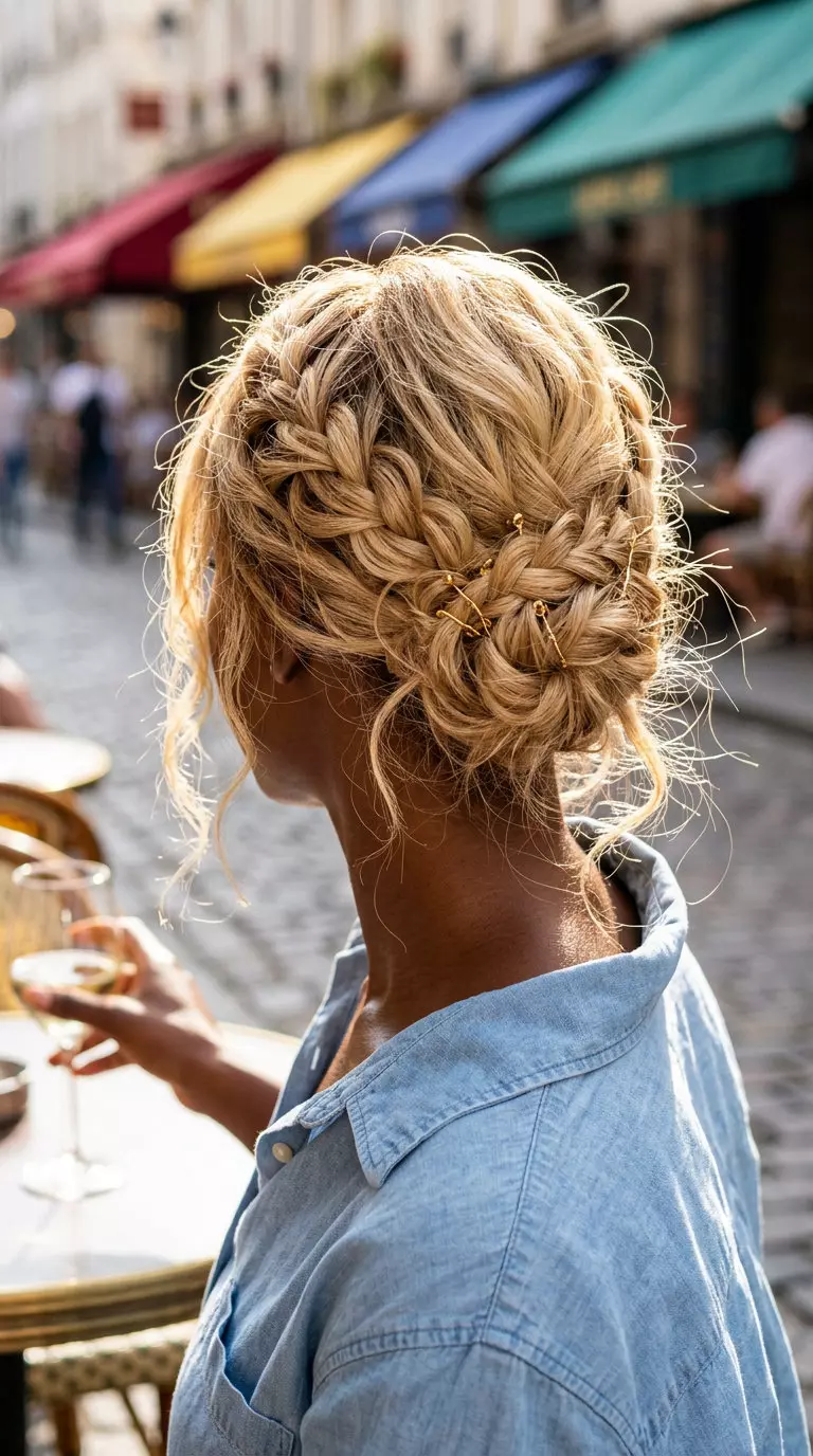 medium buttercream blonde updo with golden babylights, effortless half-up twist for brunch