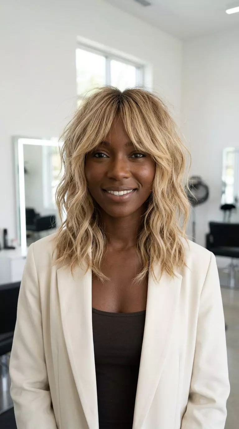 medium length wolf cut in buttercream blonde with honey babylights, wispy curtain fringe &mdash; boho chic summer