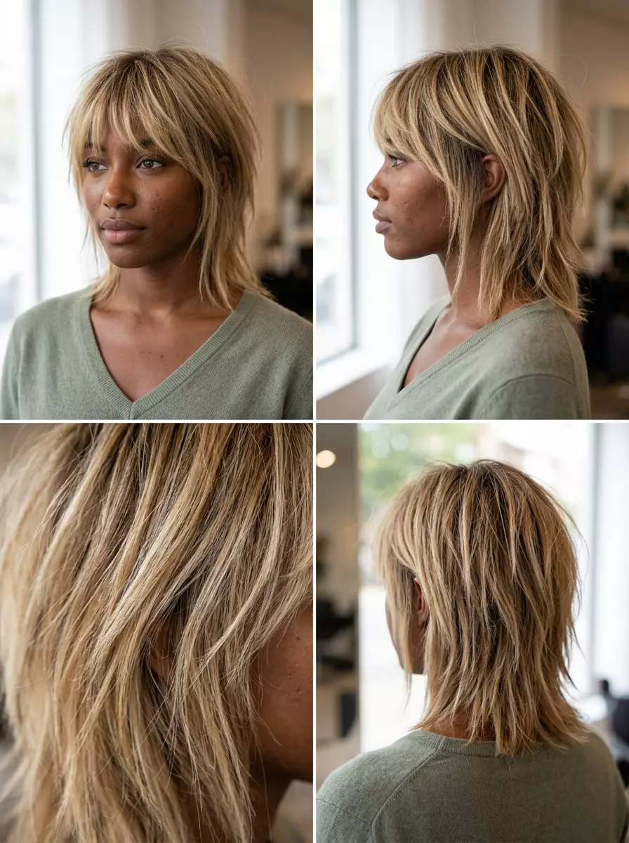 medium length wolf cut lob in buttercream blonde with honey highlights, piecey fringe &mdash; textured 90s grunge summer