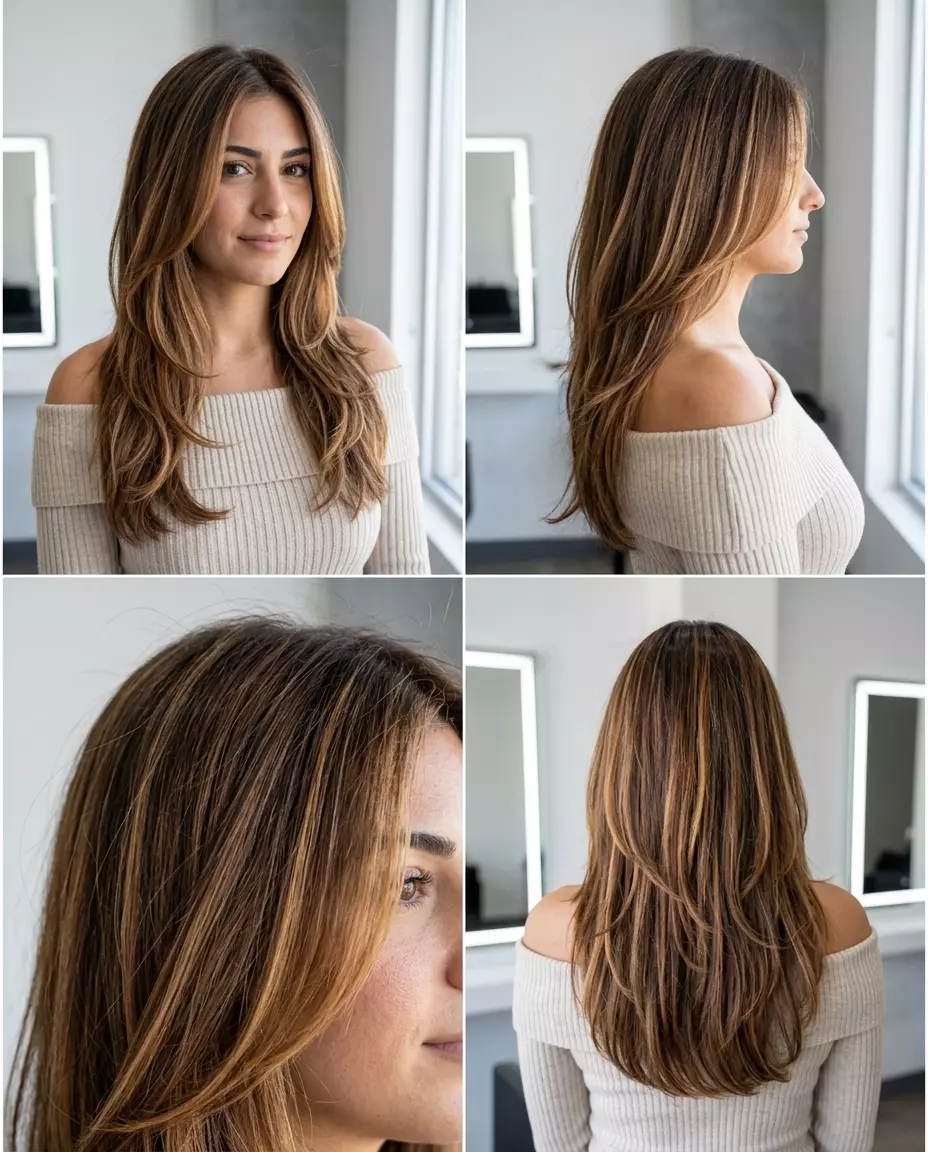 long layered brunette with butterscotch ribbons foilayage, golden amber highlights, warm mood