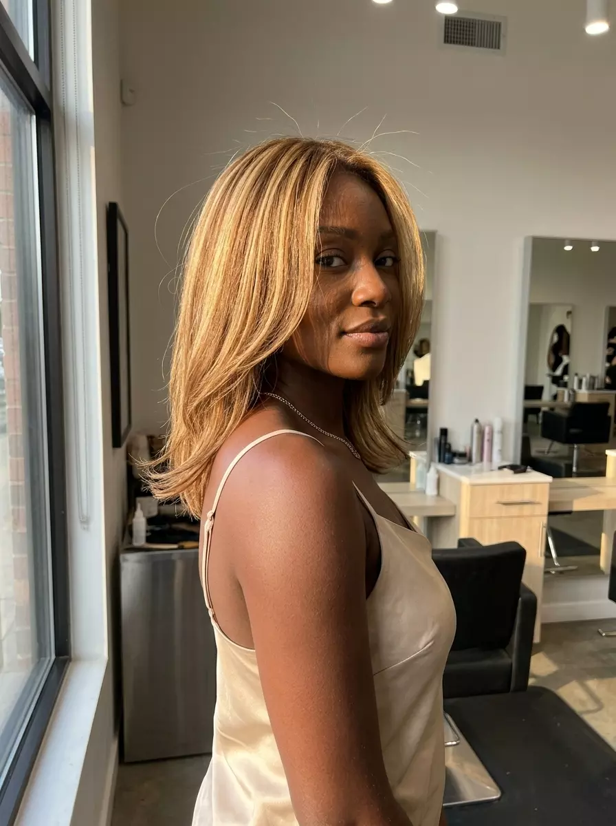 long butterscotch blonde foilyage with caramel lowlights, bouncy layers, no fringe &mdash; glamorous summer party look