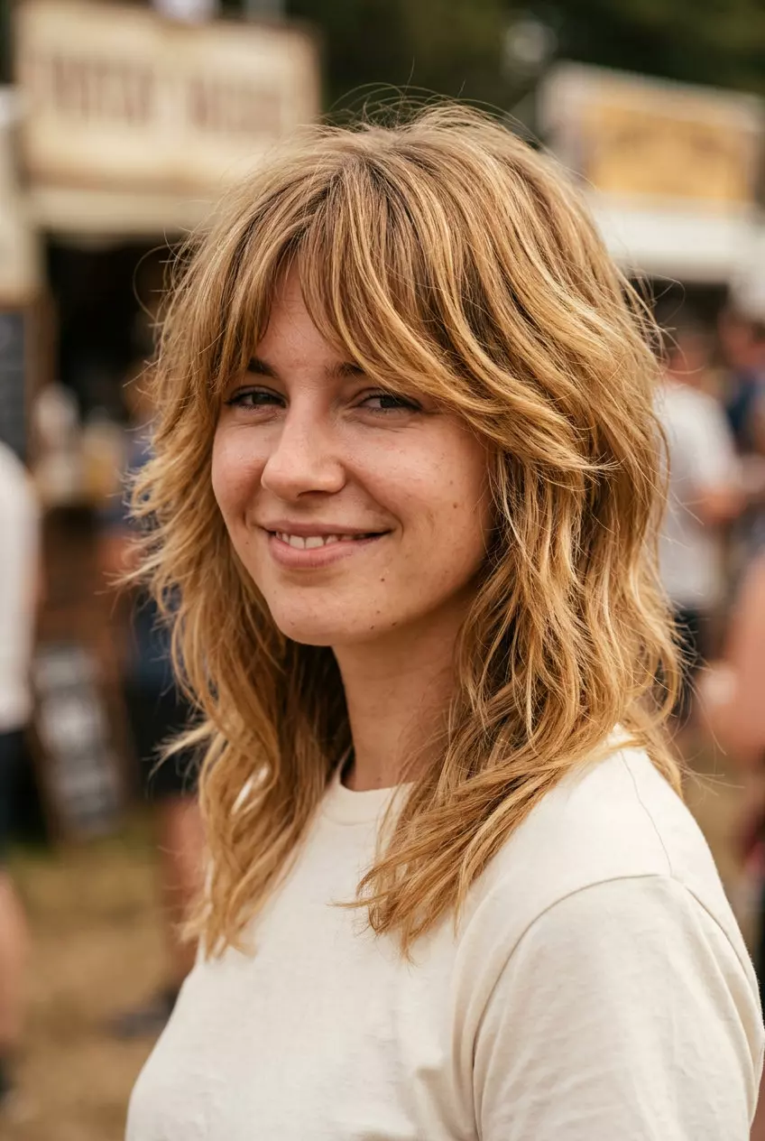 medium-length layered haircut with butterscotch blonde, golden caramel, honey lowlights, shag bangs, razored layers &mdash; playful, retro, effortless