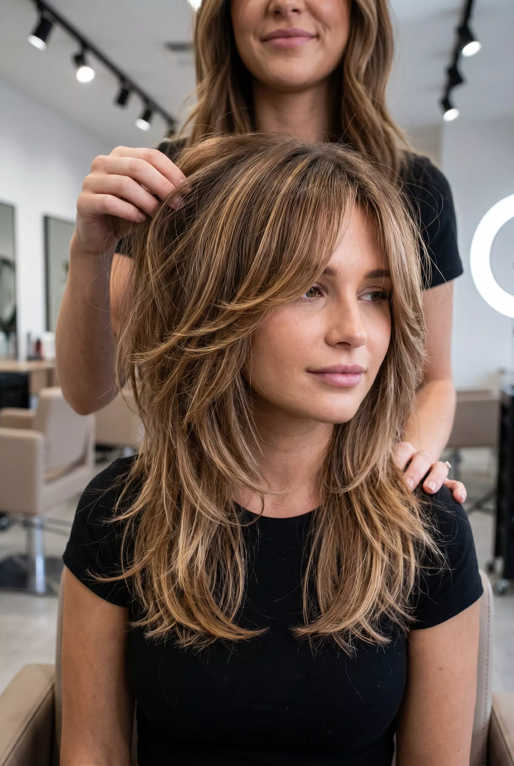 Caramel Balayage Shag: Relaxed Summer Hair 2026 short shag haircut in caramel and honey blonde balayage on brown base, choppy layers and curtain bangs for summer