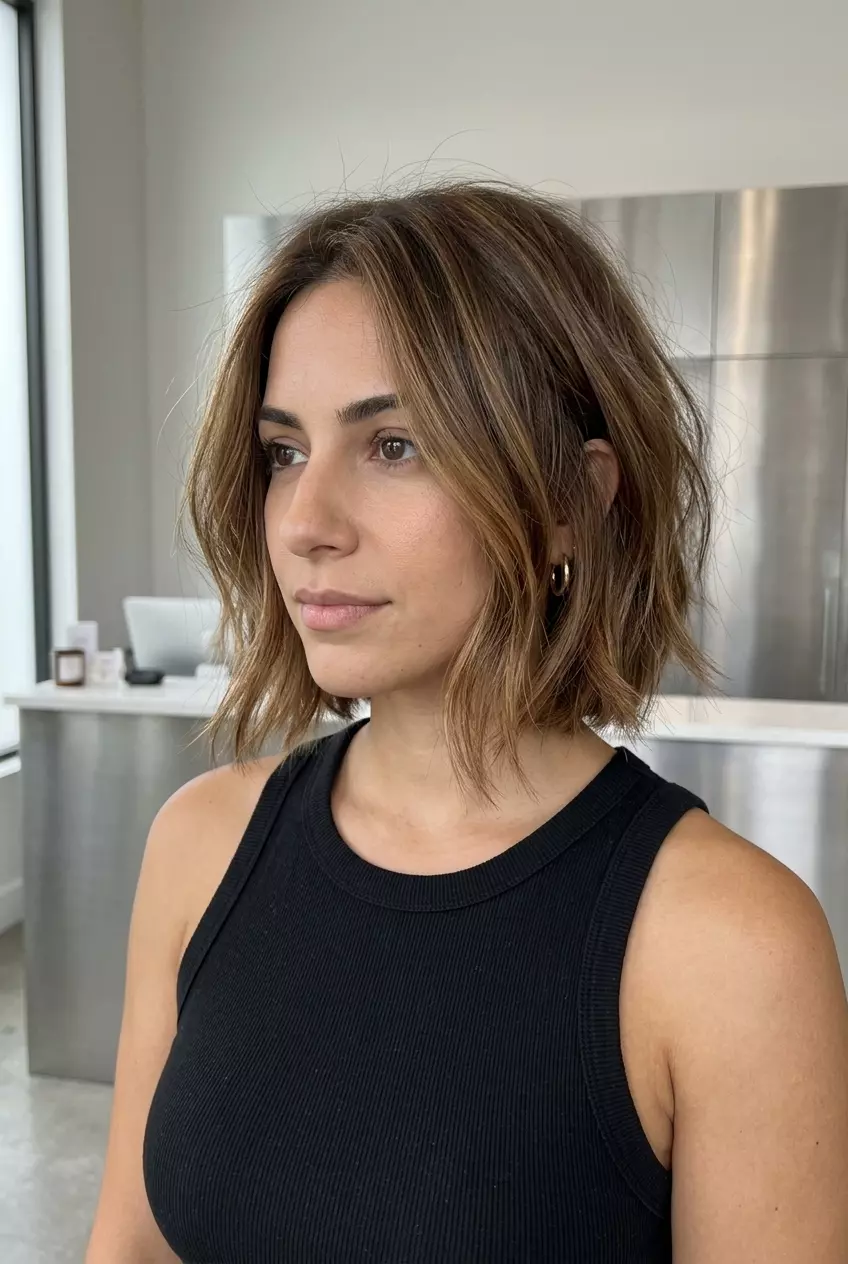 Caramel Brunette Bob 2026: Parisian Chic chin-length caramel brunette bob with honey lowlights, soft face-framing pieces — effortless chic