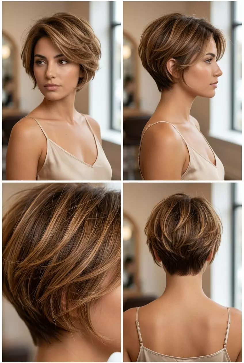 Voluminous Caramel Pixie 2026 very short voluminous pixie haircut in caramel brunette with golden balayage, feathered layers for date night