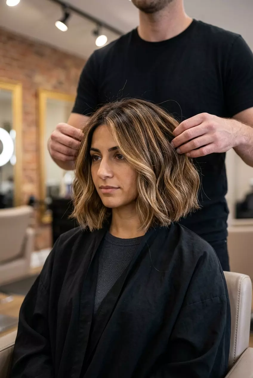 Caramel Balayage Bob 2026 chin-length layered bob with warm caramel and honey blonde balayage, soft face-framing layers — romantic summer brunch