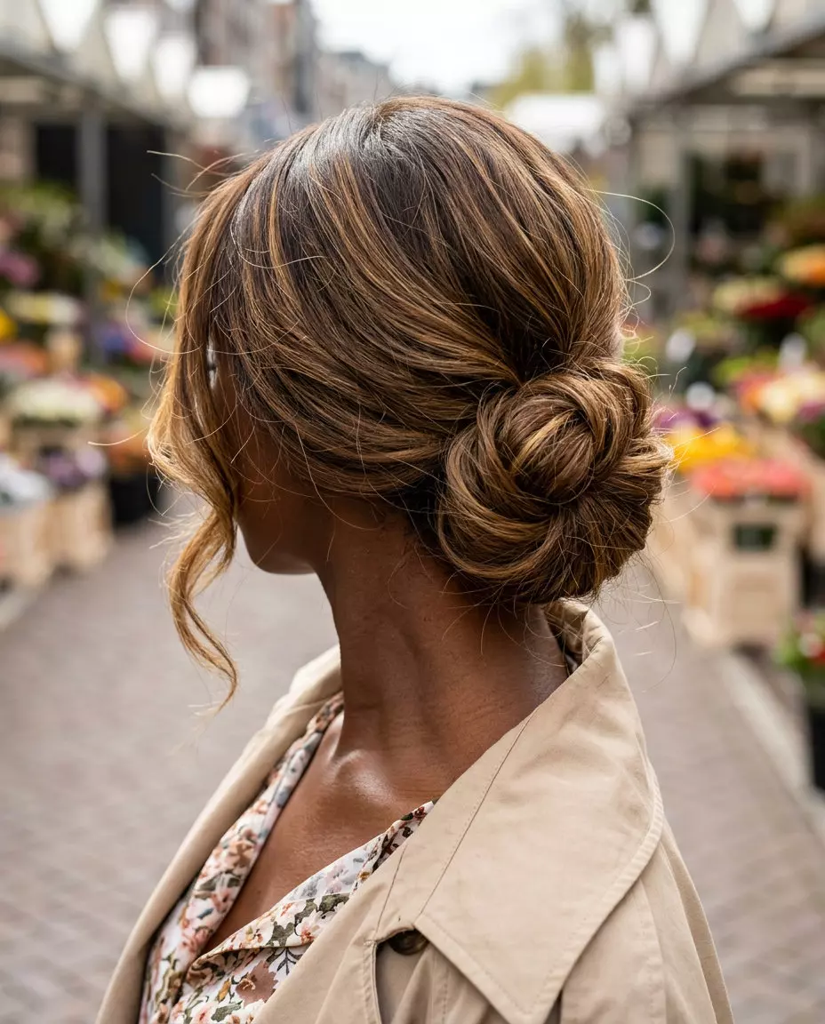 long caramel balayage chignon with golden blonde highlights, face-framing tendrils &mdash; romantic date night