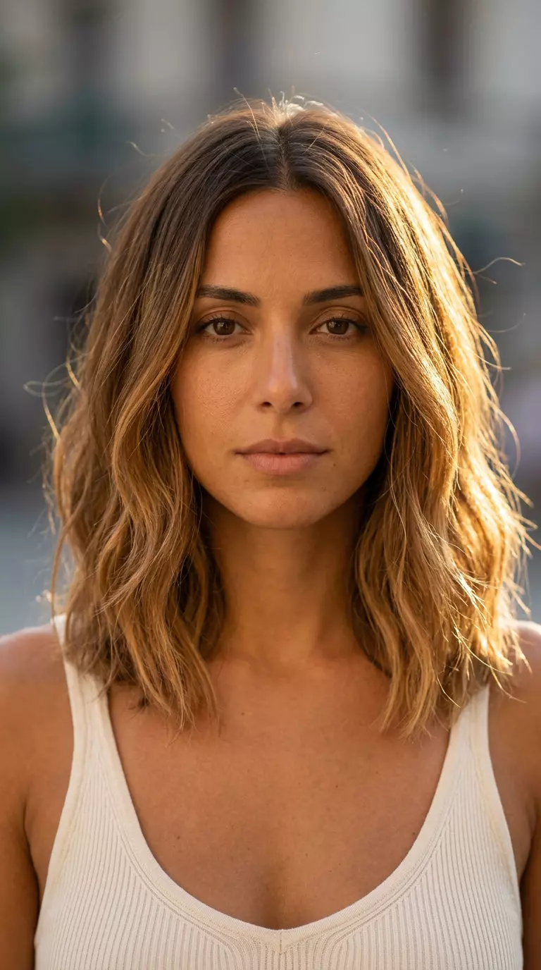 shoulder-length layered bob haircut in caramel ombr&eacute; with face-framing layers for sun-kissed look