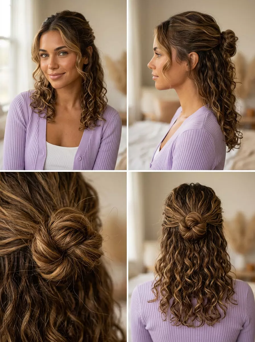 medium curly caramel swirl brunette half-up knot for casual wear