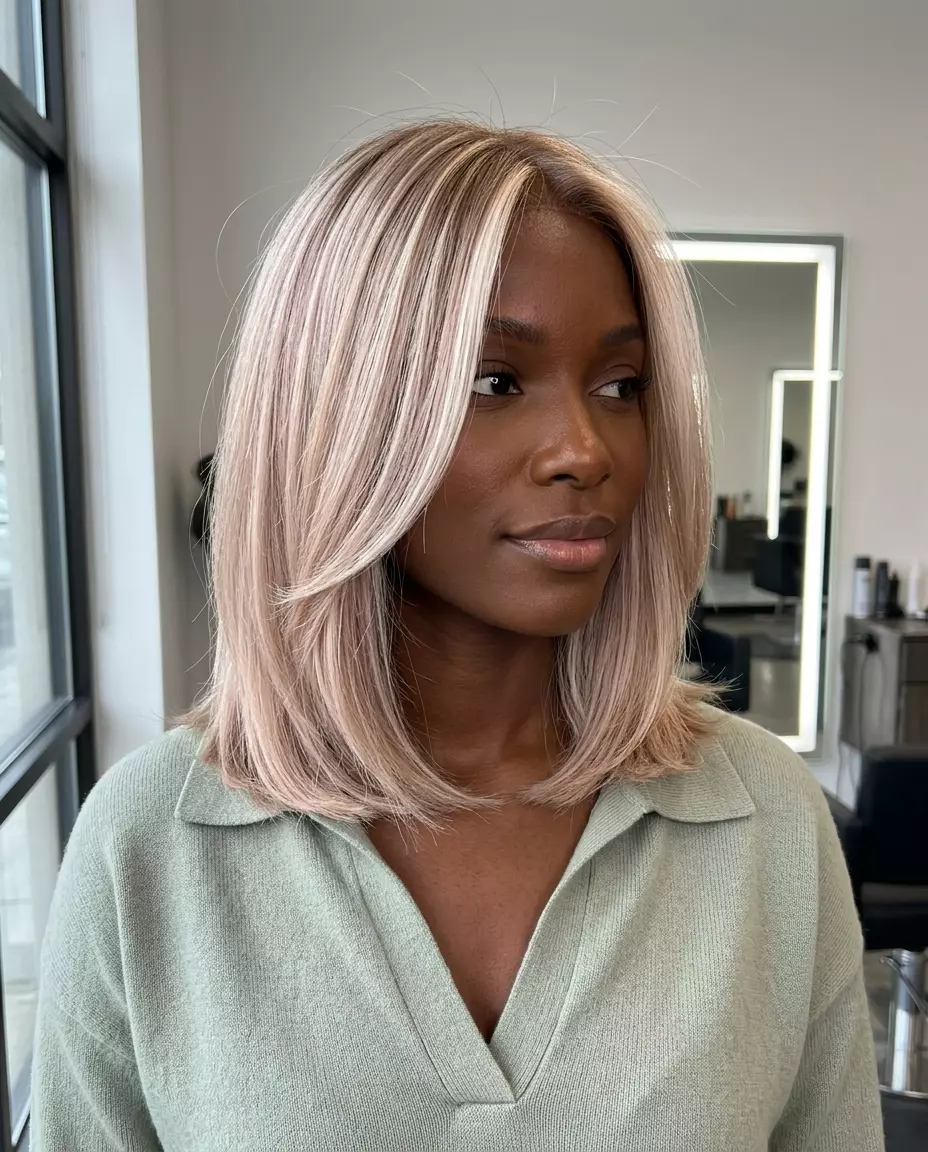 point cut lob haircut with champagne blonde, money pieces, romantic ethereal