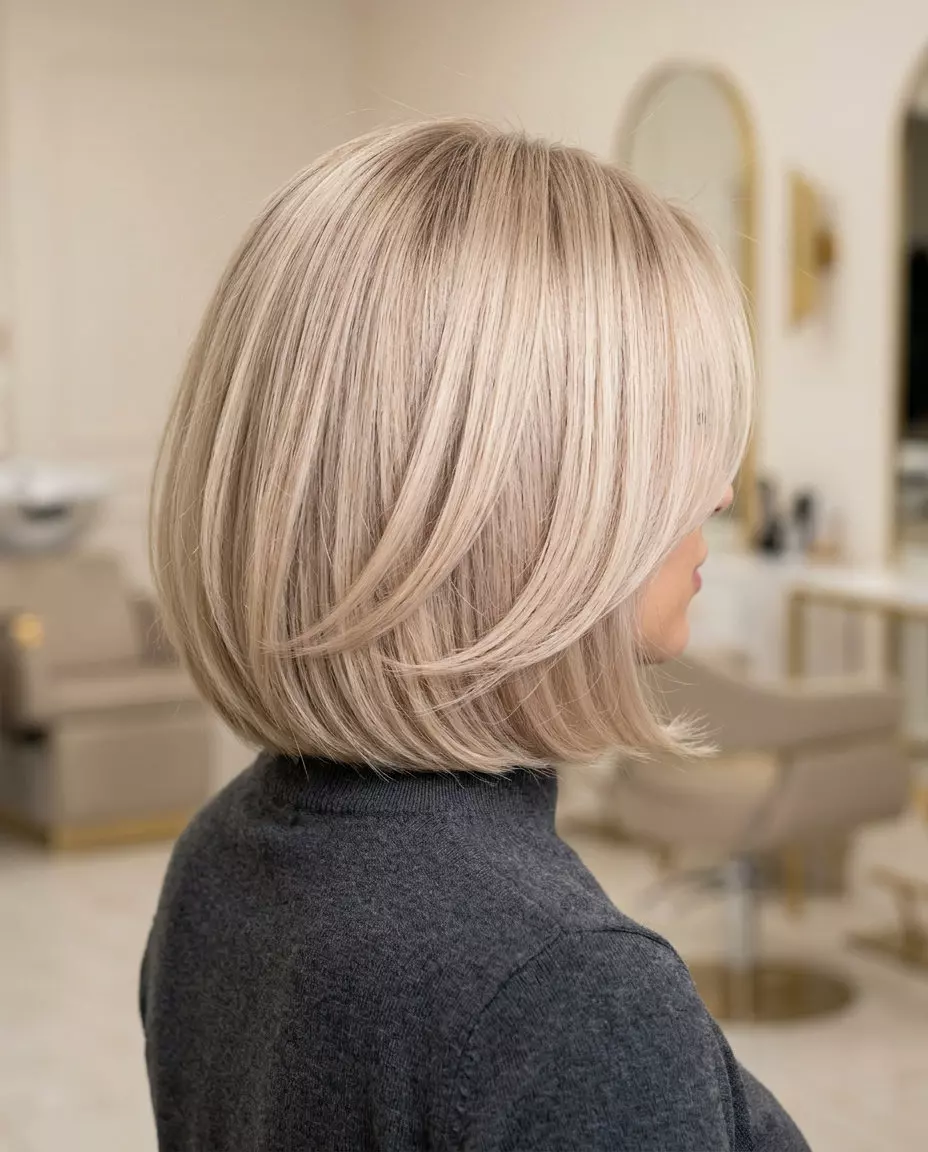 medium layered baroque bob with creamy champagne blonde, iridescent beige-violet undertones, soft root smudge &mdash; glamorous event style