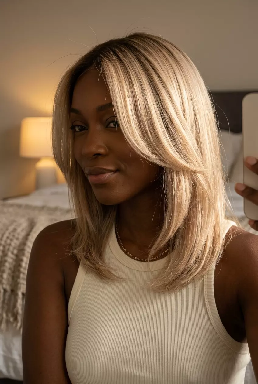 medium lob champagne blonde with soft beige root smudge, balayage technique &mdash; effortless daily wear