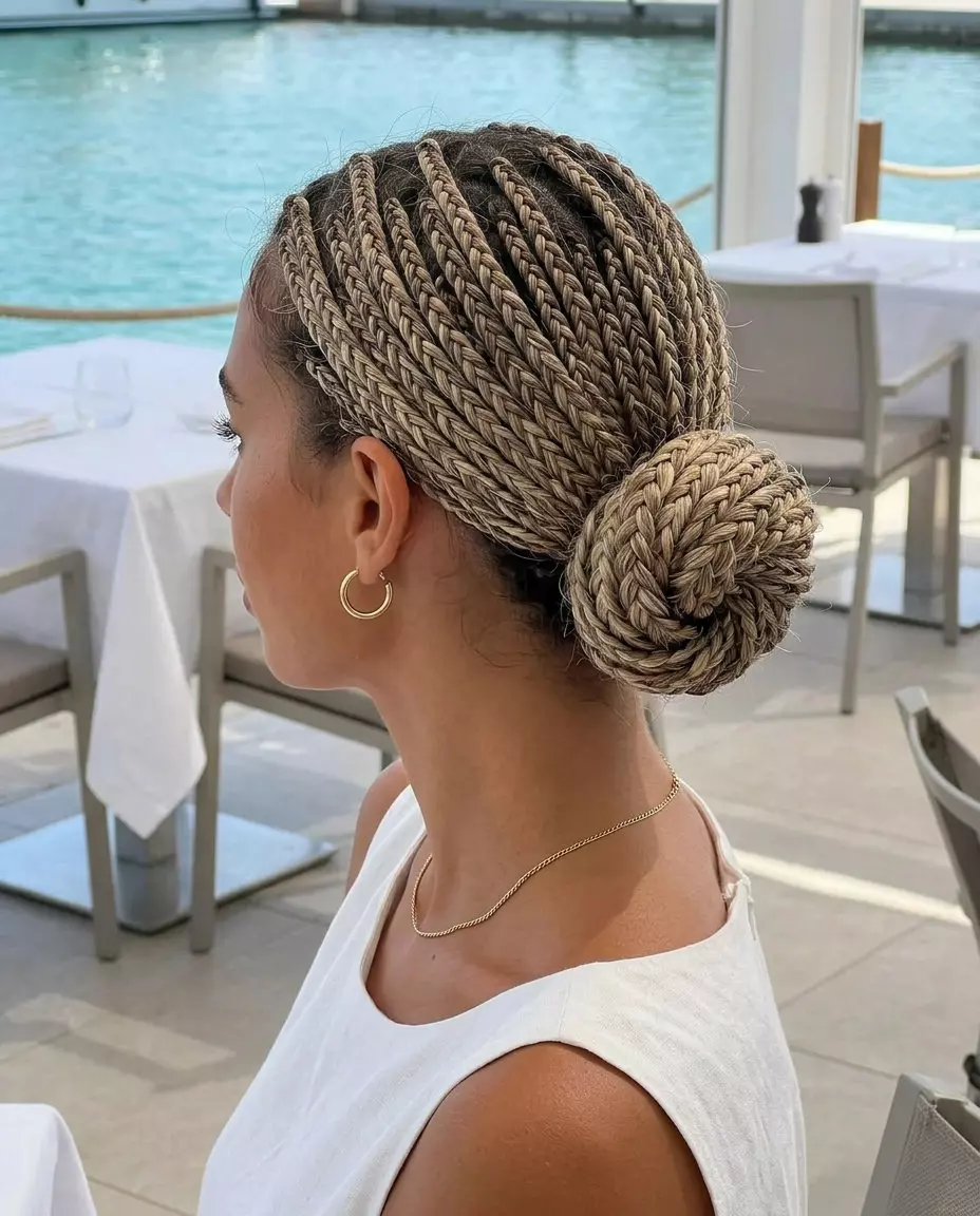 long champagne bronde braided bun with a sleek finish for summer 2026